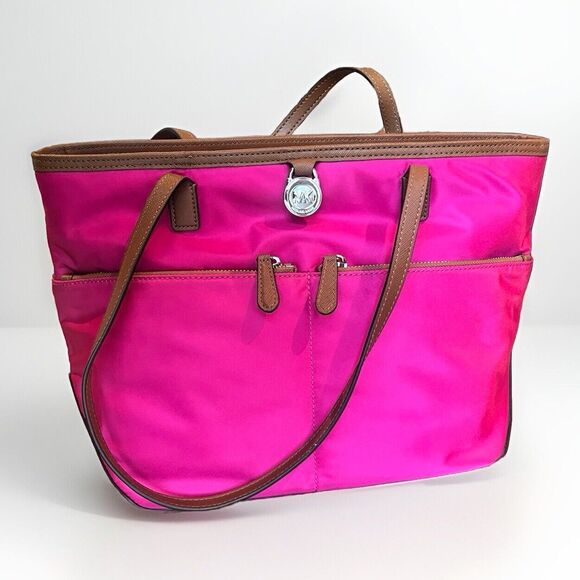 Michael Kors Kempton Raspberry Pink MD Pocket Tote Bag Nylon Medium NEW - Picture 1 of 14